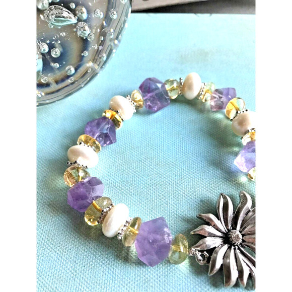 New Natural Rustic Amethyst, Citrine, Pearls Cuff Bracelet w/ Flower Clasp - Picture 6 of 8